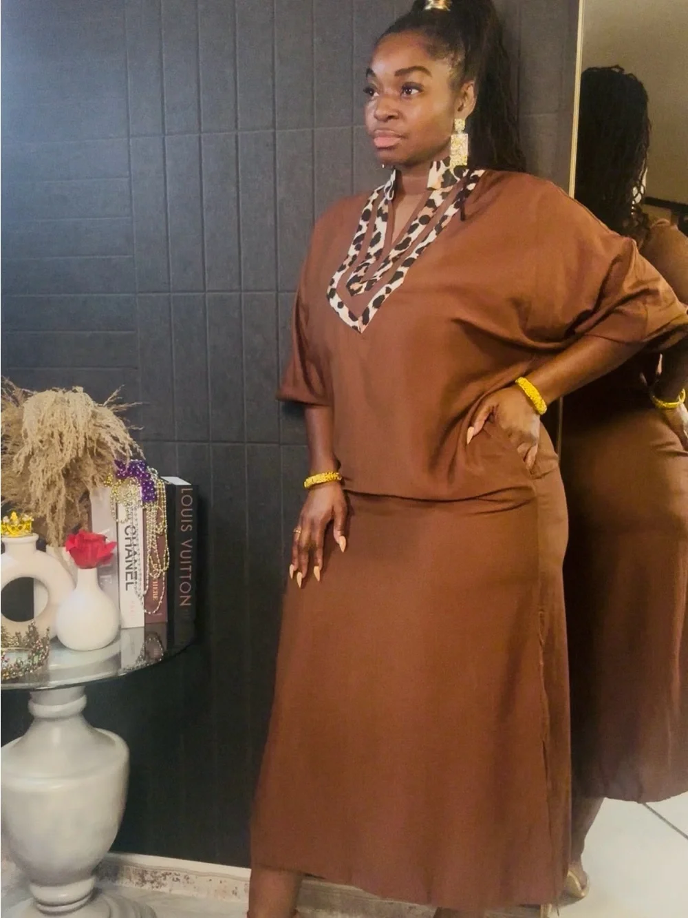 Brown Women's dress Leopard Trim